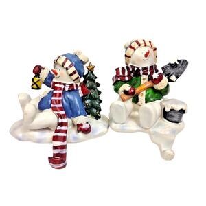 Set of 2 Festive Whimsical Snowman Stocking Hangers Cast Painted Mantle Decor